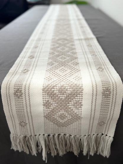 Handwoven Backstrap Loom Table Runner – White & Cream