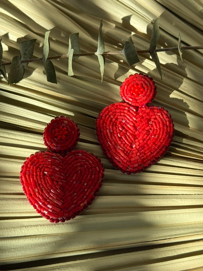 Red Beaded Heart Earrings