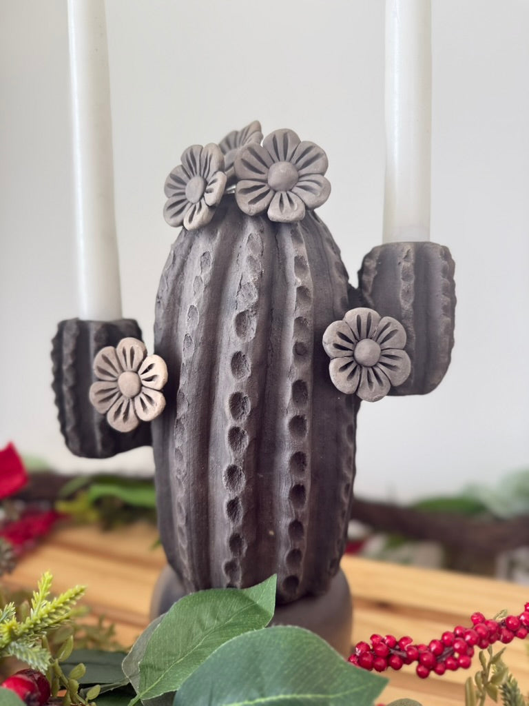 Smoked Clay Cactus Candle Holder