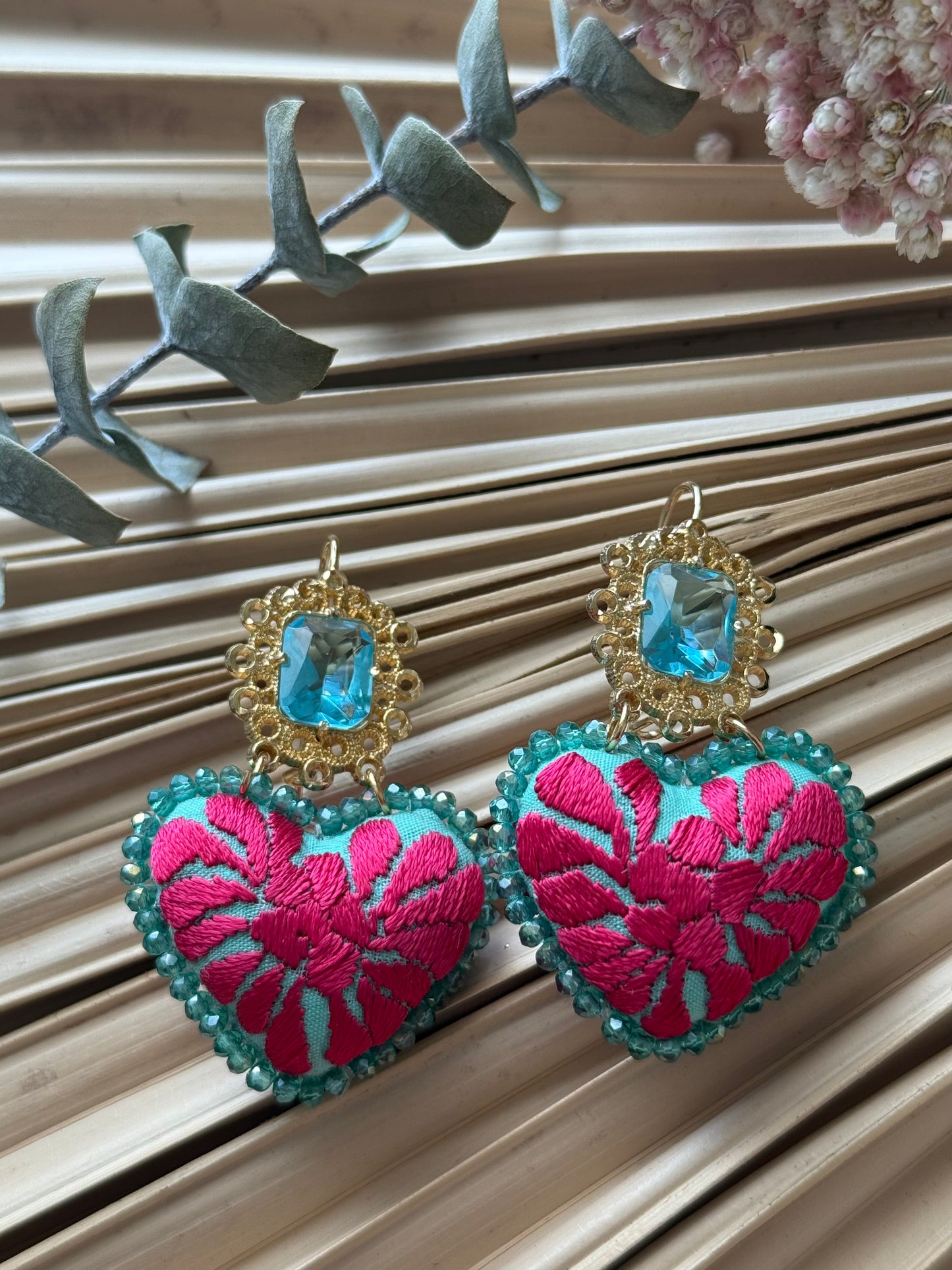 Hand Embroidered Heart Shaped Earrings - Caribbean Blue/Magenta