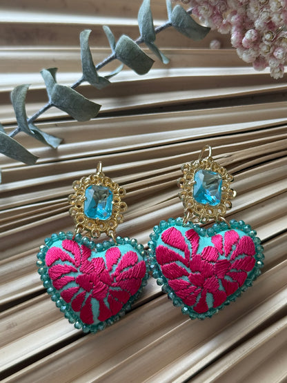 Hand Embroidered Heart Shaped Earrings - Caribbean Blue/Magenta