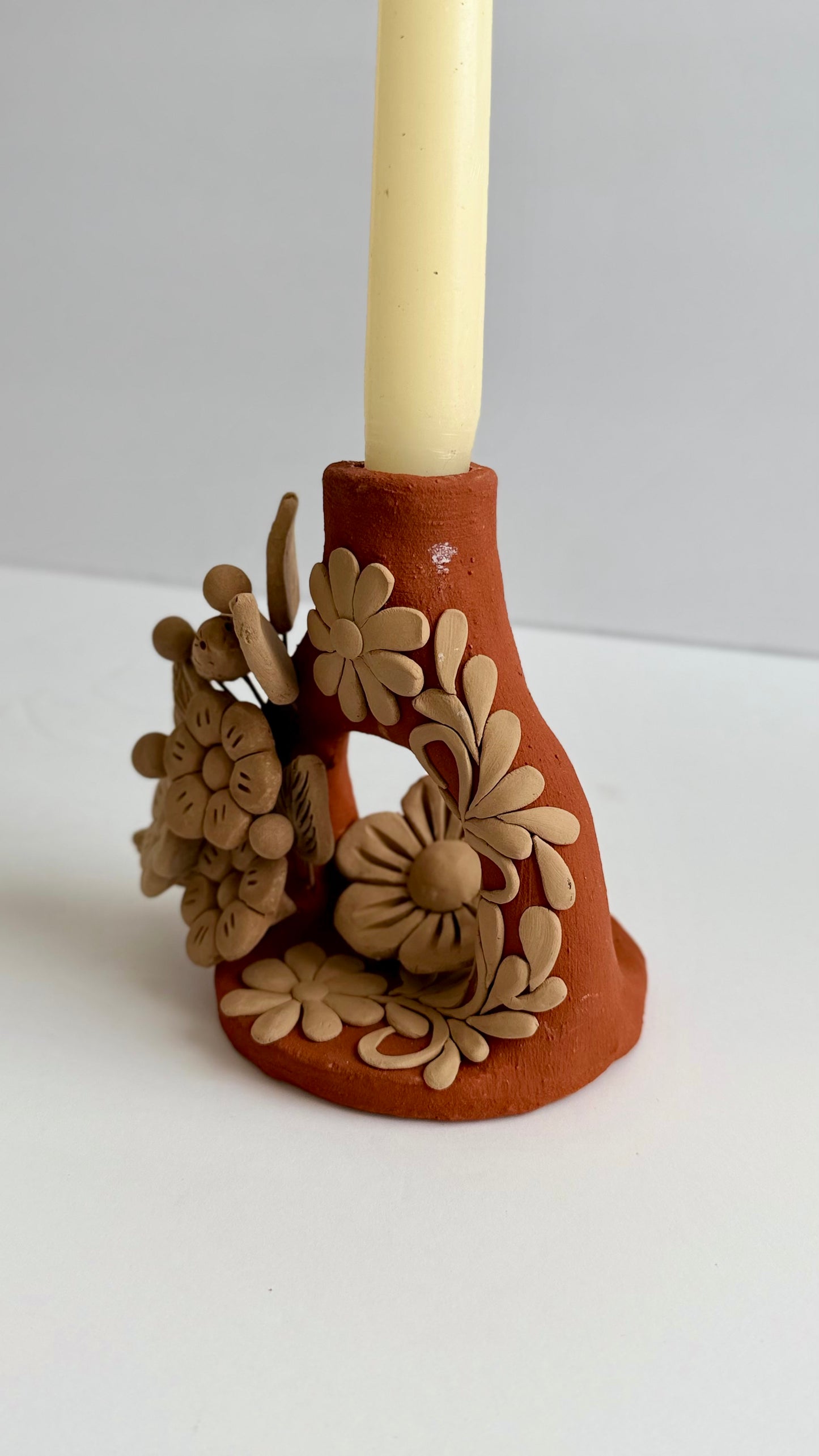 Handmade Clay Floral/Birds Candleholder - Two Tone