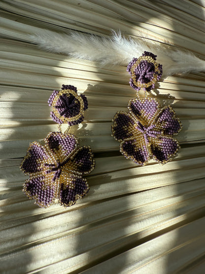 Mauve & Gold Floral Beaded Earrings