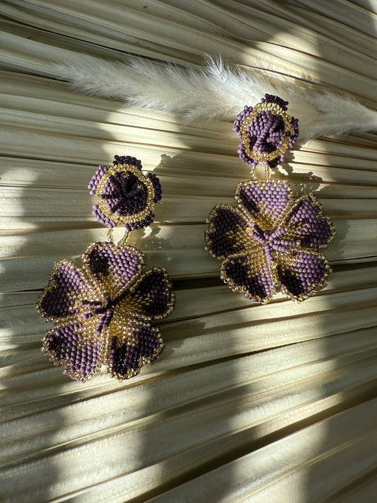 Mauve & Gold Floral Beaded Earrings