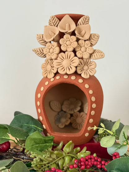 Handcrafted Clay Chimney Candle Holder with 3D Floral Detail - Calla Lilies