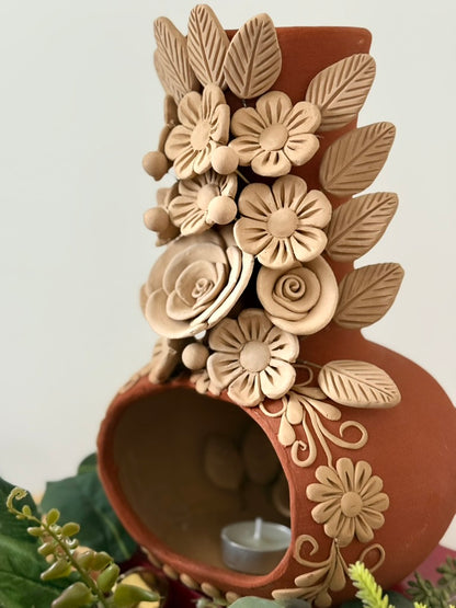 Handcrafted Clay Chimney Candle Holder with 3D Floral Detail
