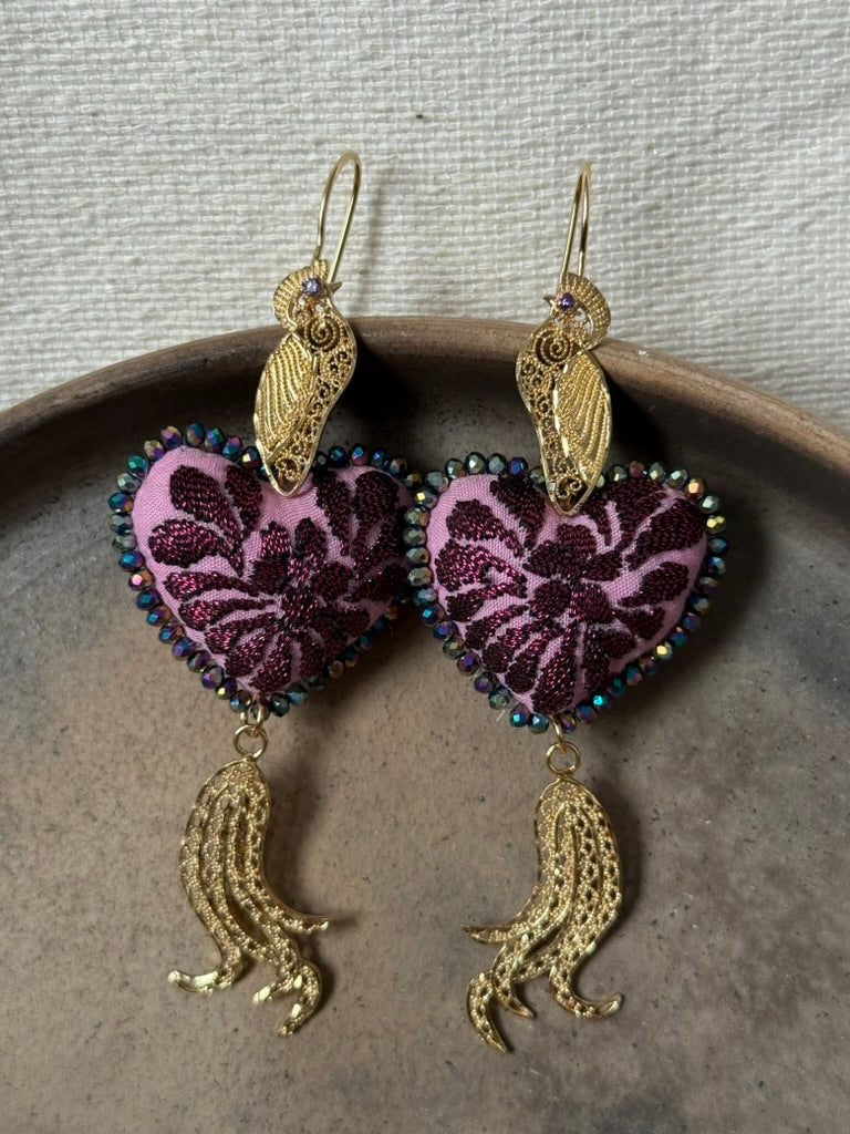 Hand Embroidered Heart Shaped Peacock Earrings