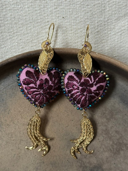 Hand Embroidered Heart Shaped Peacock Earrings