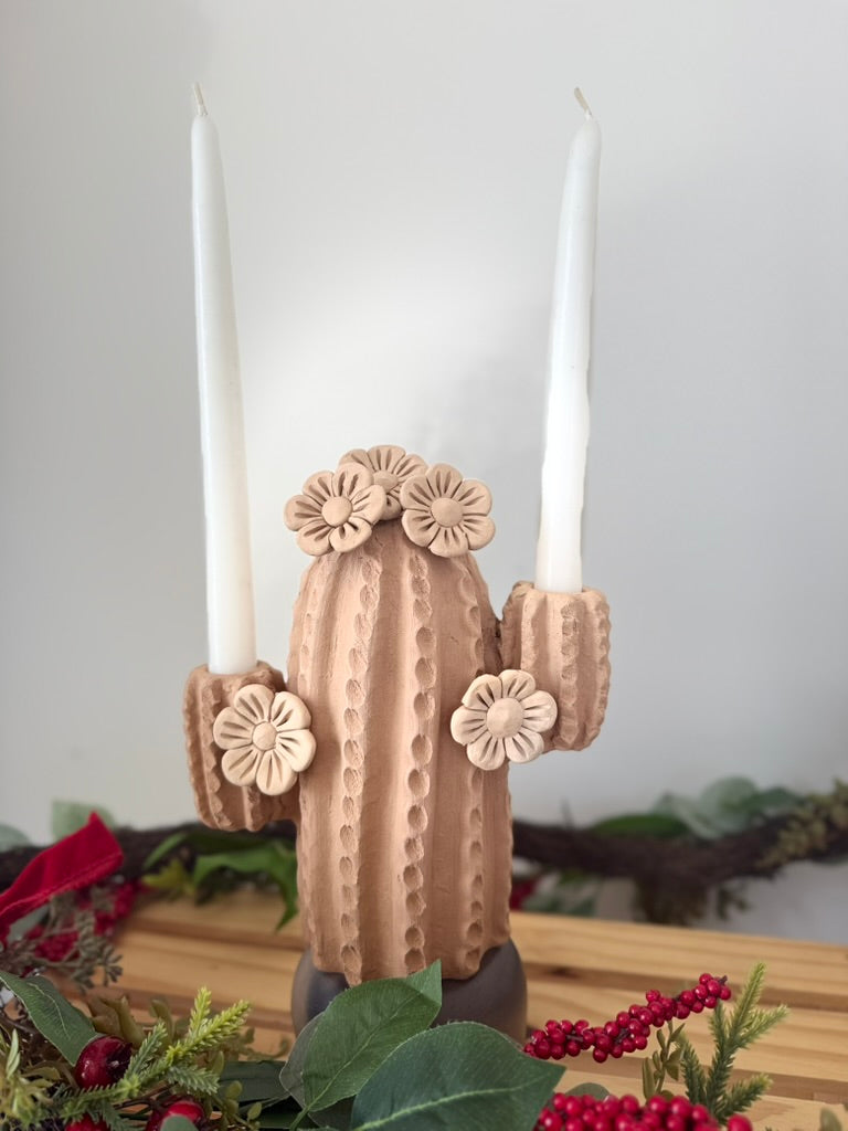 Natural Clay Cactus Candle Holder