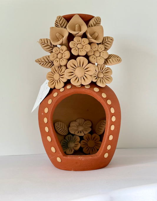 Handcrafted Clay Chimney Candle Holder with 3D Floral Detail - Calla Lilies