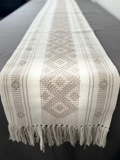 Handwoven Backstrap Loom Table Runner – White & Cream