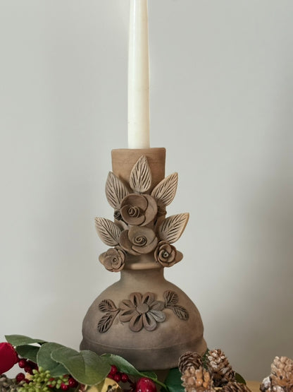 Smoked Clay Candleholder - 3D Flowers