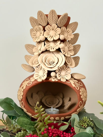 Handcrafted Clay Chimney Candle Holder with 3D Floral Detail