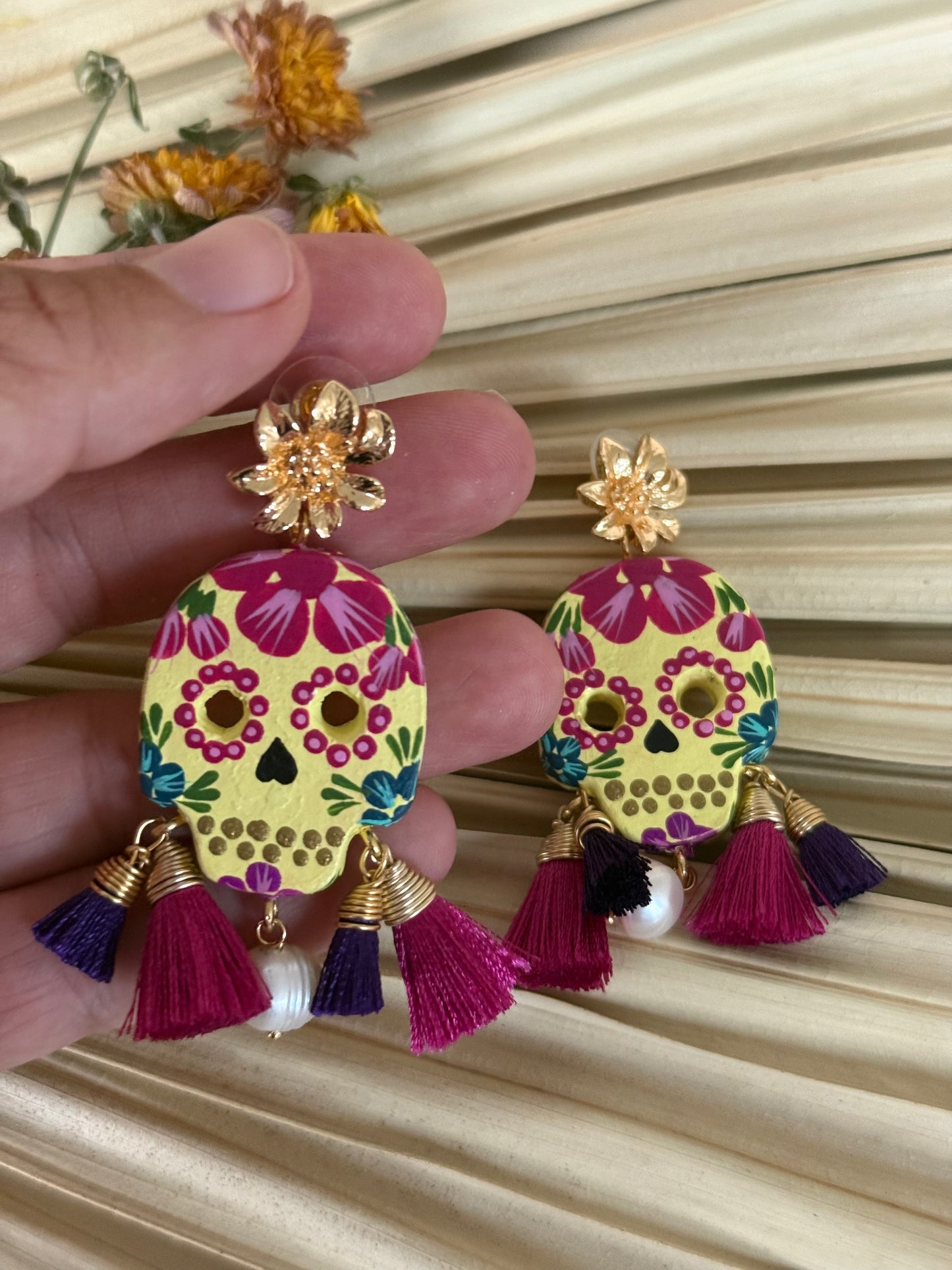 Wooden Catrina Earrings - Yellow/Magenta