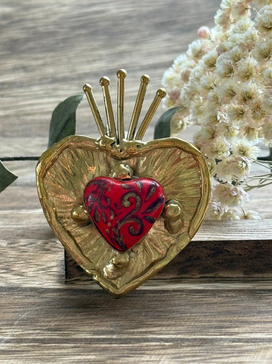 Adjustable Sacred Heart Ring - Red/Gold