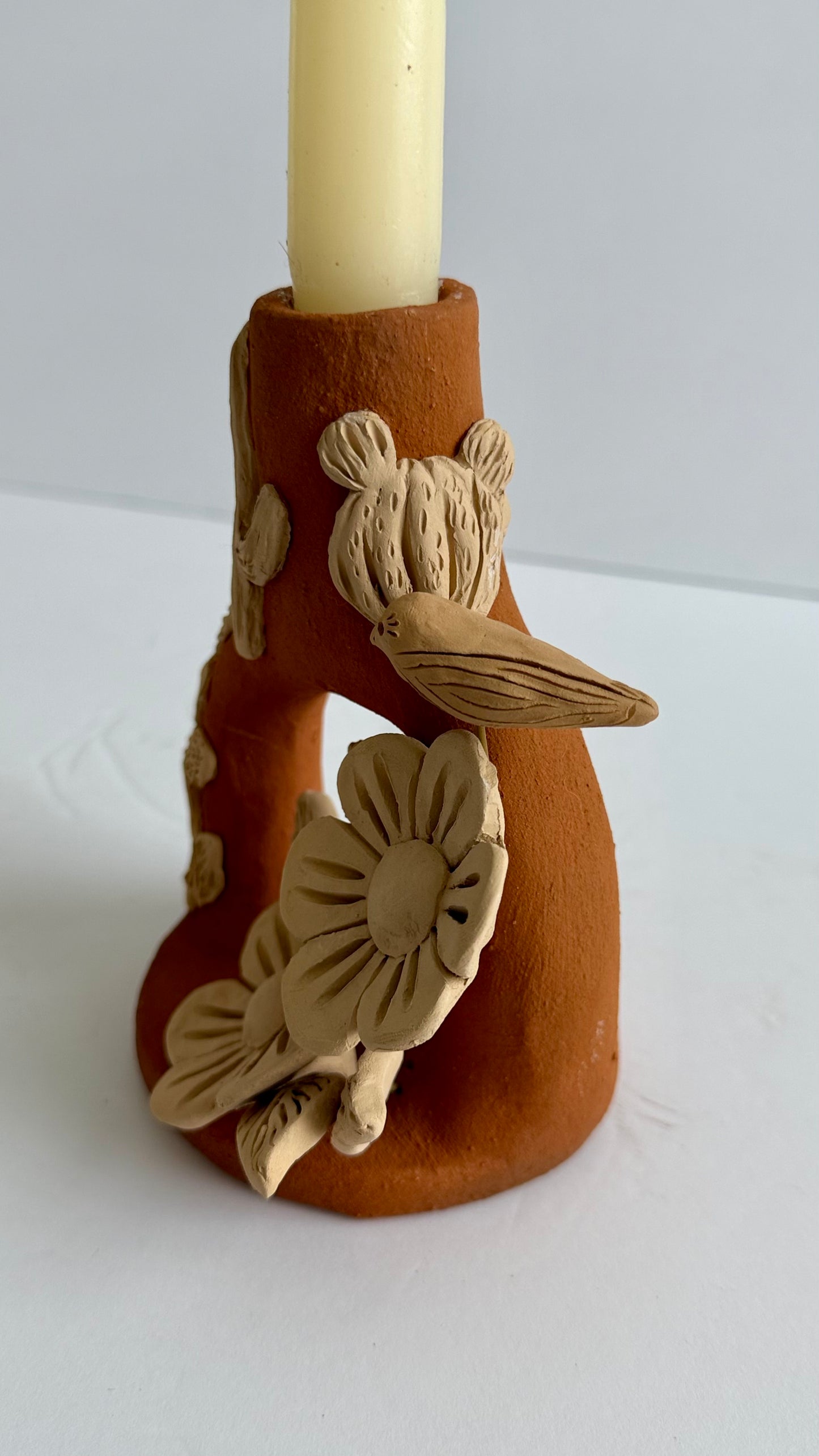 Handmade Clay Floral/Cactus Candleholder - Two Tone