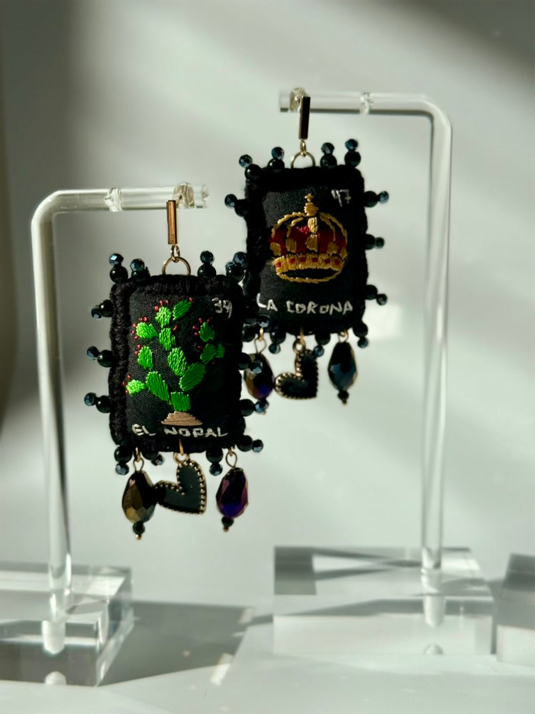 Black Loteria Earrings Nopal/Corona