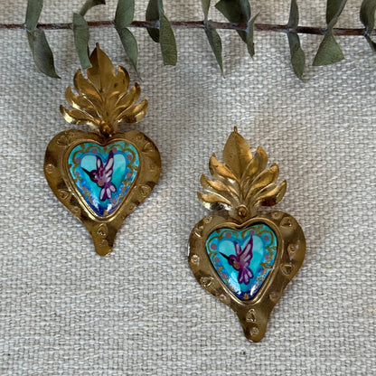 Purple Hummingbird Sacred Heart Earrings