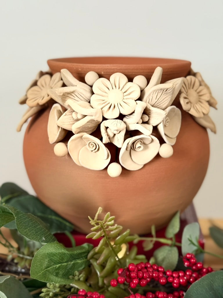 Intricate Clay Vase - 3D Flower Neck