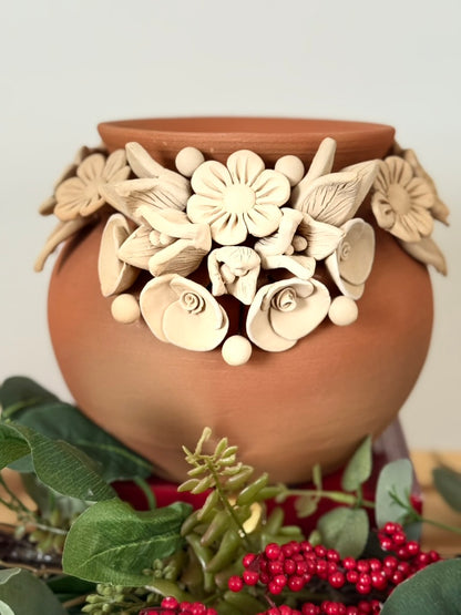 Intricate Clay Vase - 3D Flower Neck