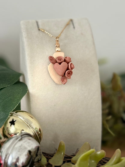 Flower & Sacred Heart Barro Pendant Necklace