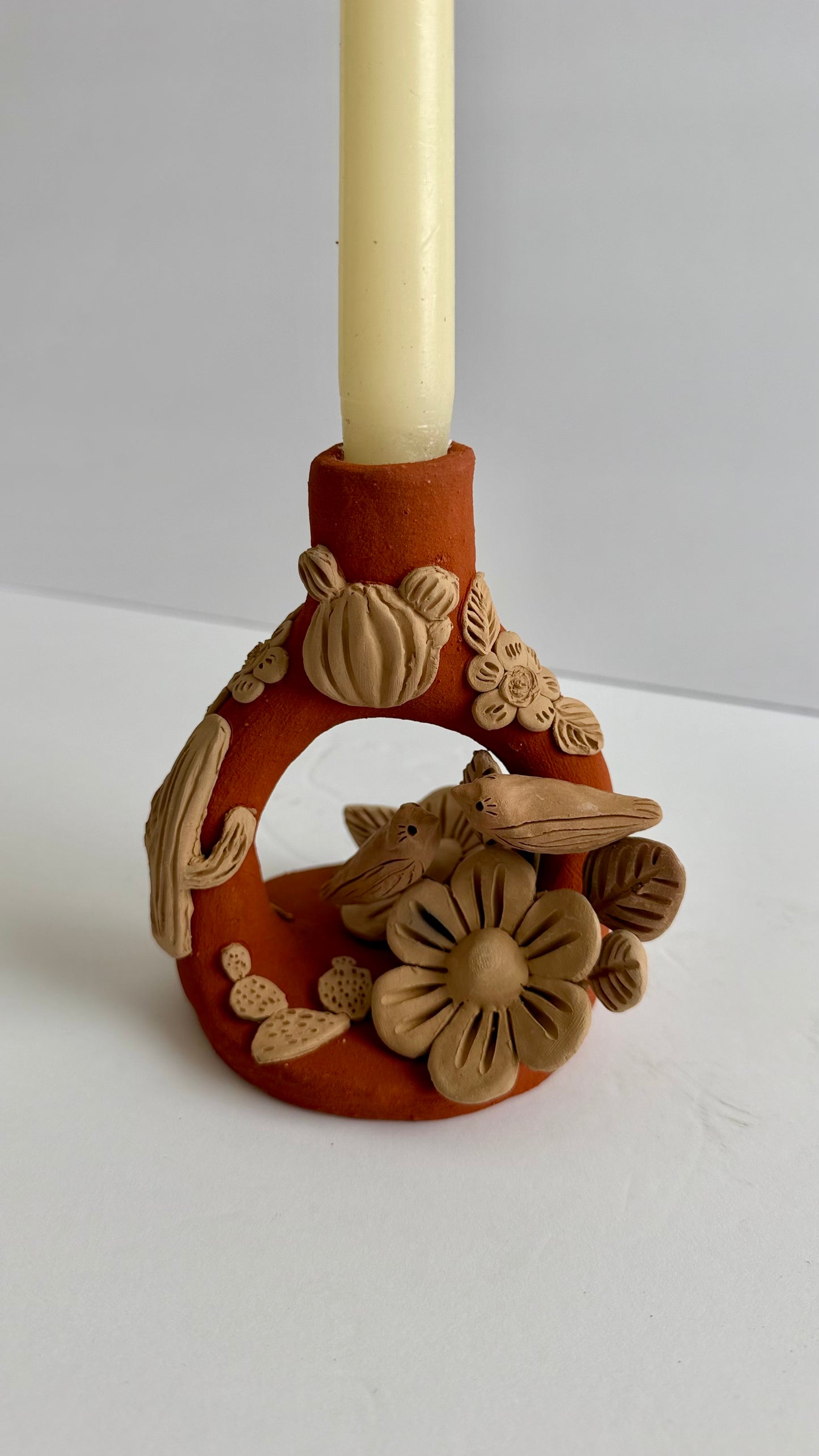 Handmade Clay Floral/Cactus Candleholder - Two Tone 2