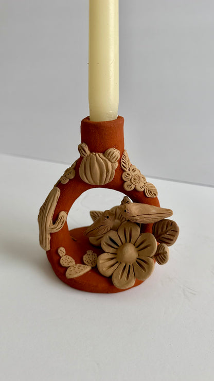 Handmade Clay Floral/Cactus Candleholder - Two Tone 2