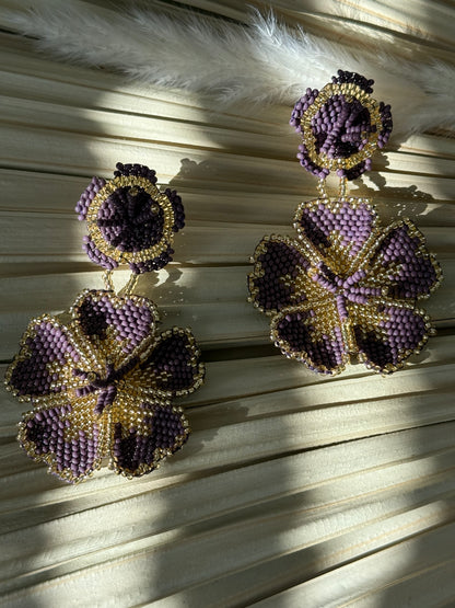 Mauve & Gold Floral Beaded Earrings