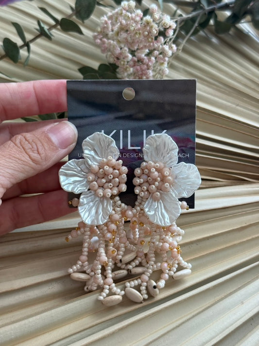 Beaded Beige w/White Earrings