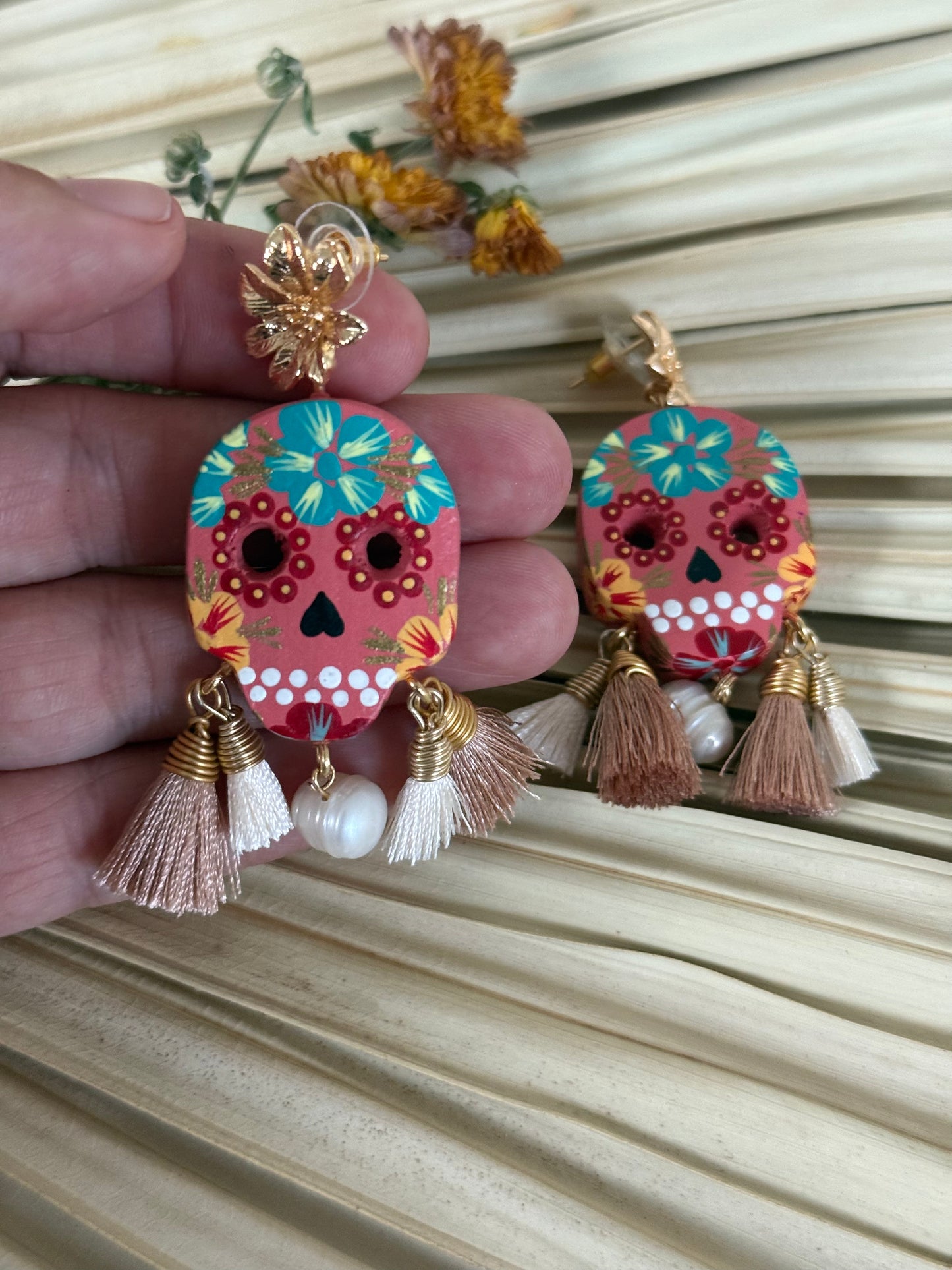 Wooden Catrina Earrings - Pink/Green