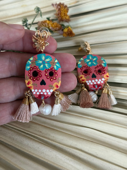 Wooden Catrina Earrings - Pink/Green