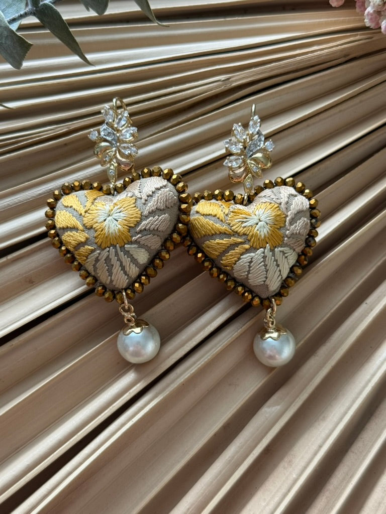 Hand Embroidered Heart Shaped Earrings - Multicolor Gold