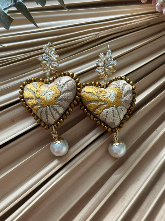 Hand Embroidered Heart Shaped Earrings - Multicolor Gold