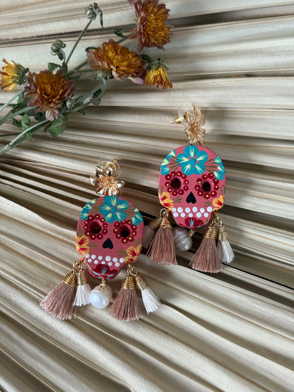 Wooden Catrina Earrings - Pink/Green