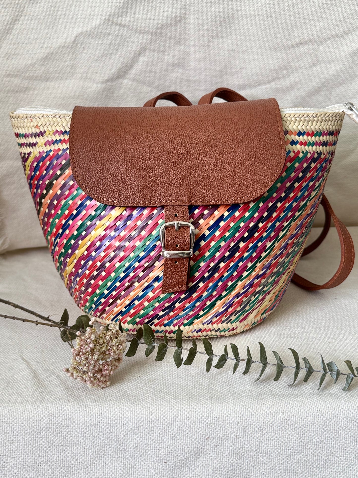 Handwoven Palm Backpack - Colorful