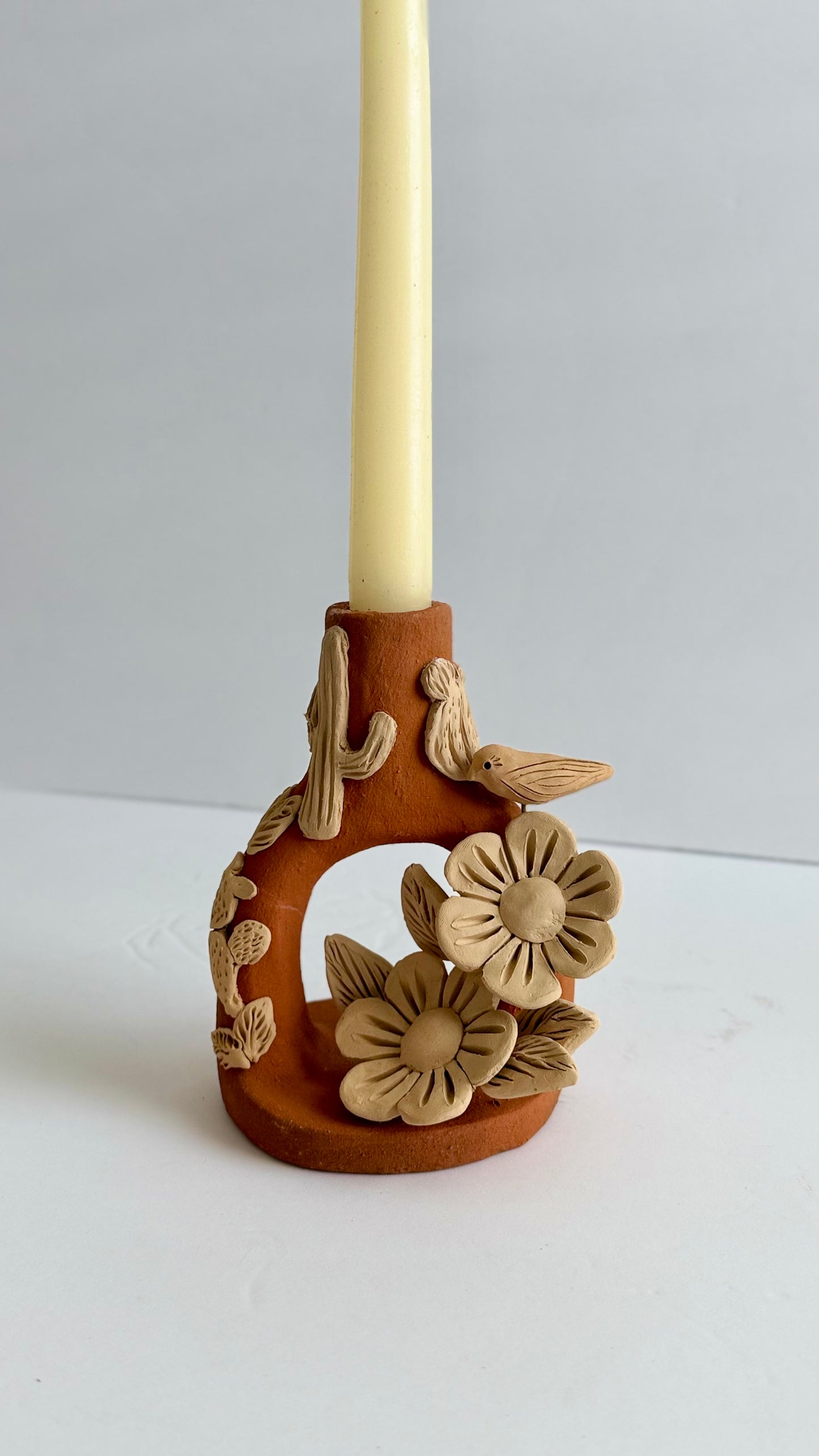Handmade Clay Floral/Cactus Candleholder - Two Tone