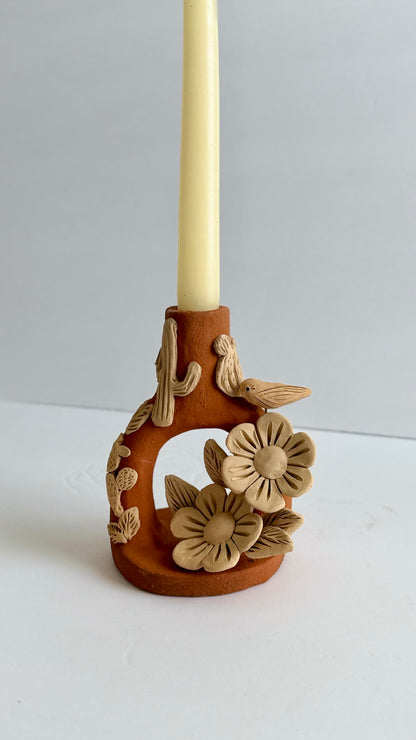 Handmade Clay Floral/Cactus Candleholder - Two Tone