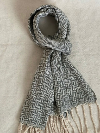 Unisex Scarf - Dark Grey/Beige with Modern Fringe