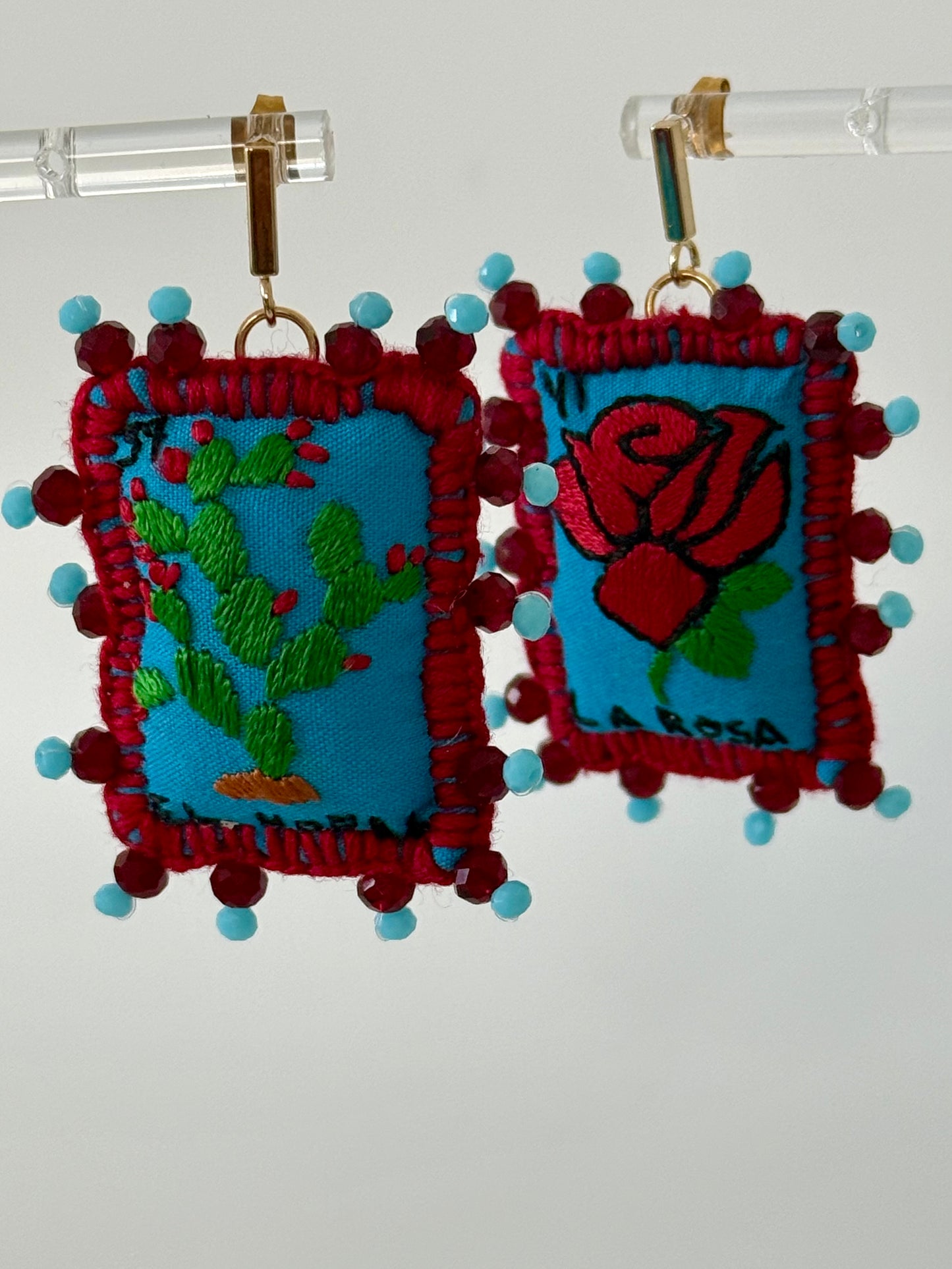 Blue/Red Loteria Earrings Nopal/Rosa