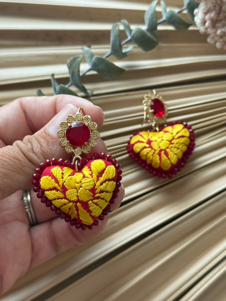Hand Embroidered Heart Shaped Earrings - Red/Yellow