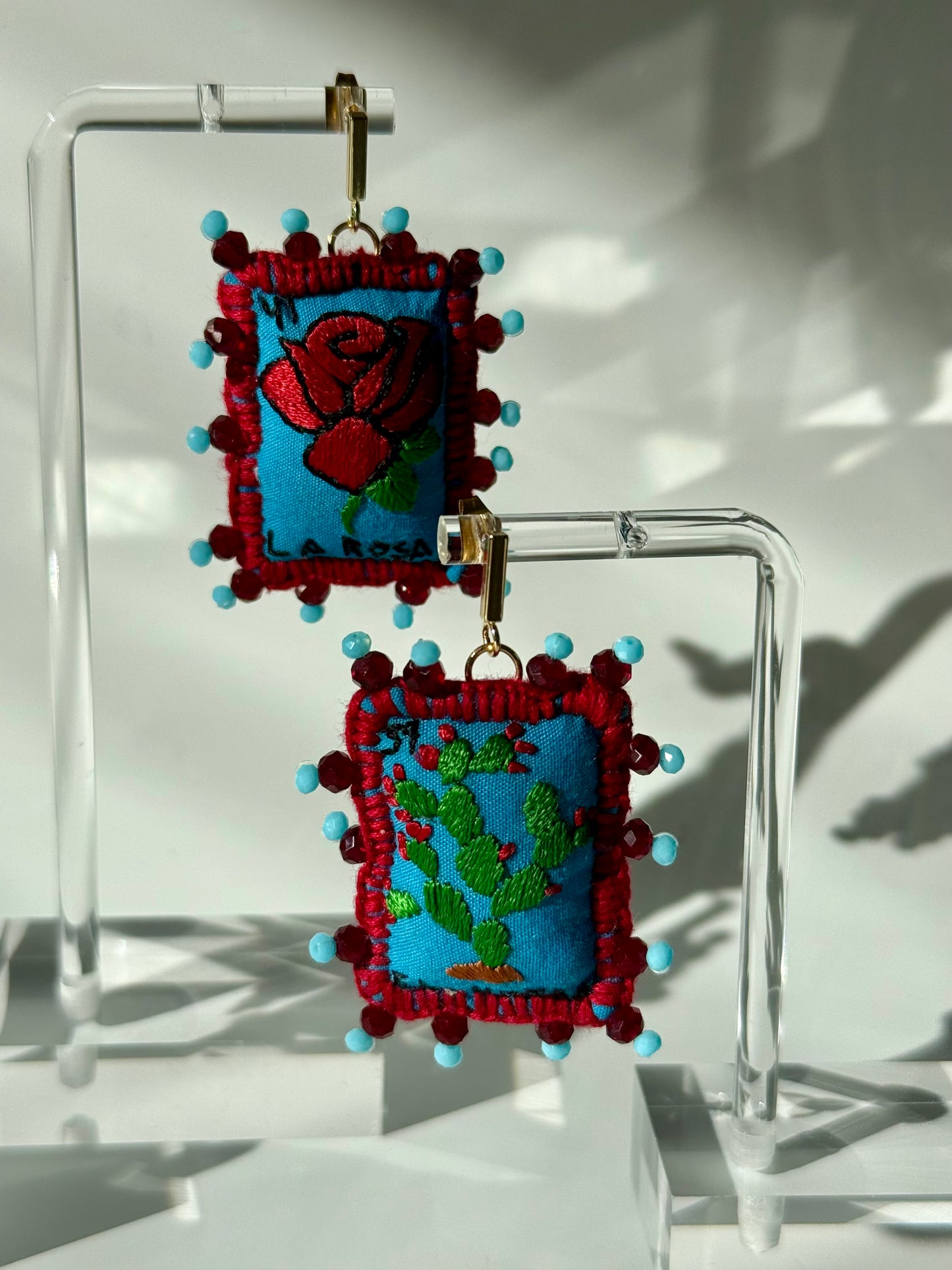 Blue/Red Loteria Earrings Nopal/Rosa