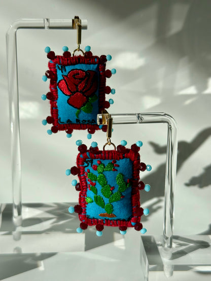 Blue/Red Loteria Earrings Nopal/Rosa