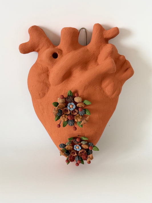 Anatomical Clay Heart w/3D Flowers - Orange