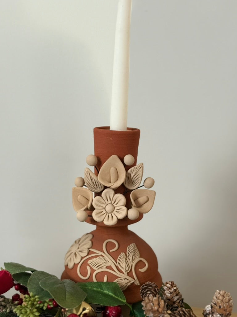 Red Clay Candleholder - Alcatraz 3D Flowers