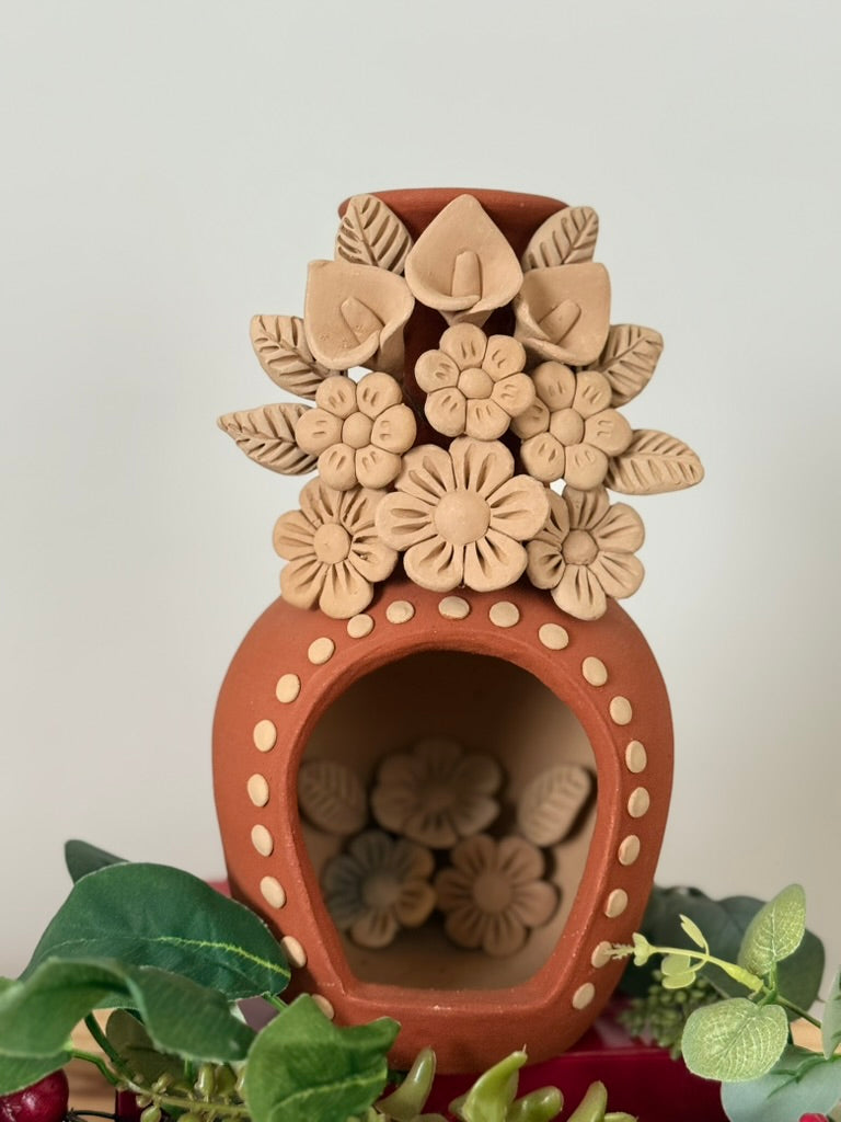 Handcrafted Clay Chimney Candle Holder with 3D Floral Detail - Calla Lilies