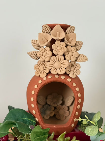 Handcrafted Clay Chimney Candle Holder with 3D Floral Detail - Calla Lilies
