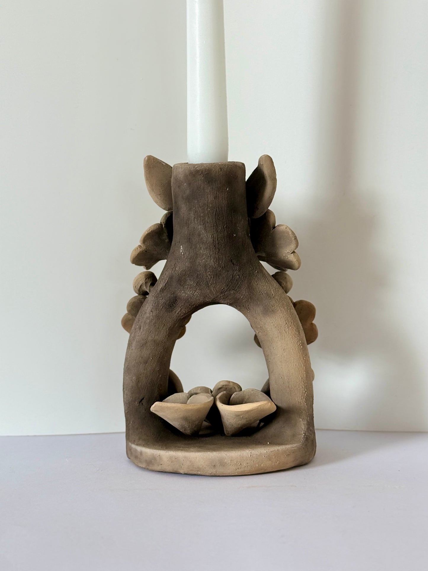Handmade Clay Floral Candleholder - Smoked