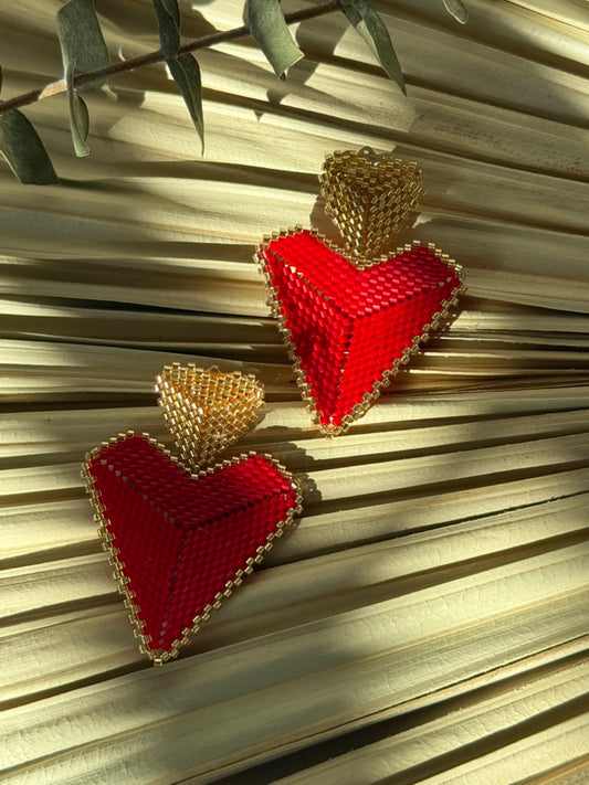 Red/Gold Miyuki Beaded Heart Earrings