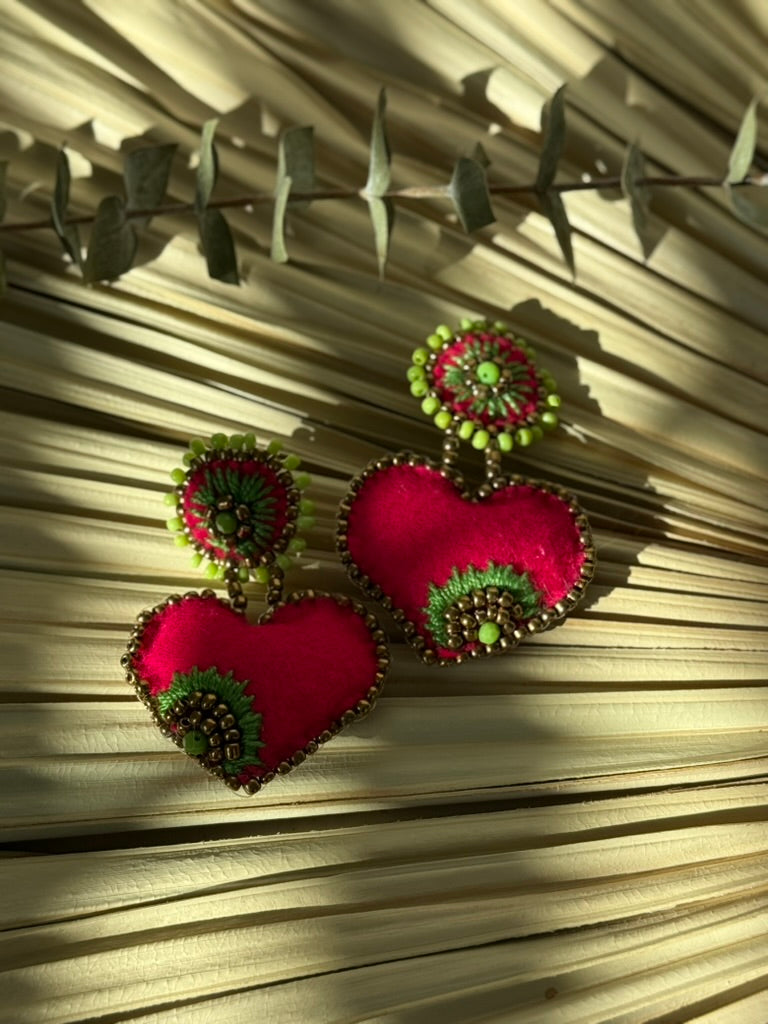 Heart Shaped Earrings - Lime Green/Magenta