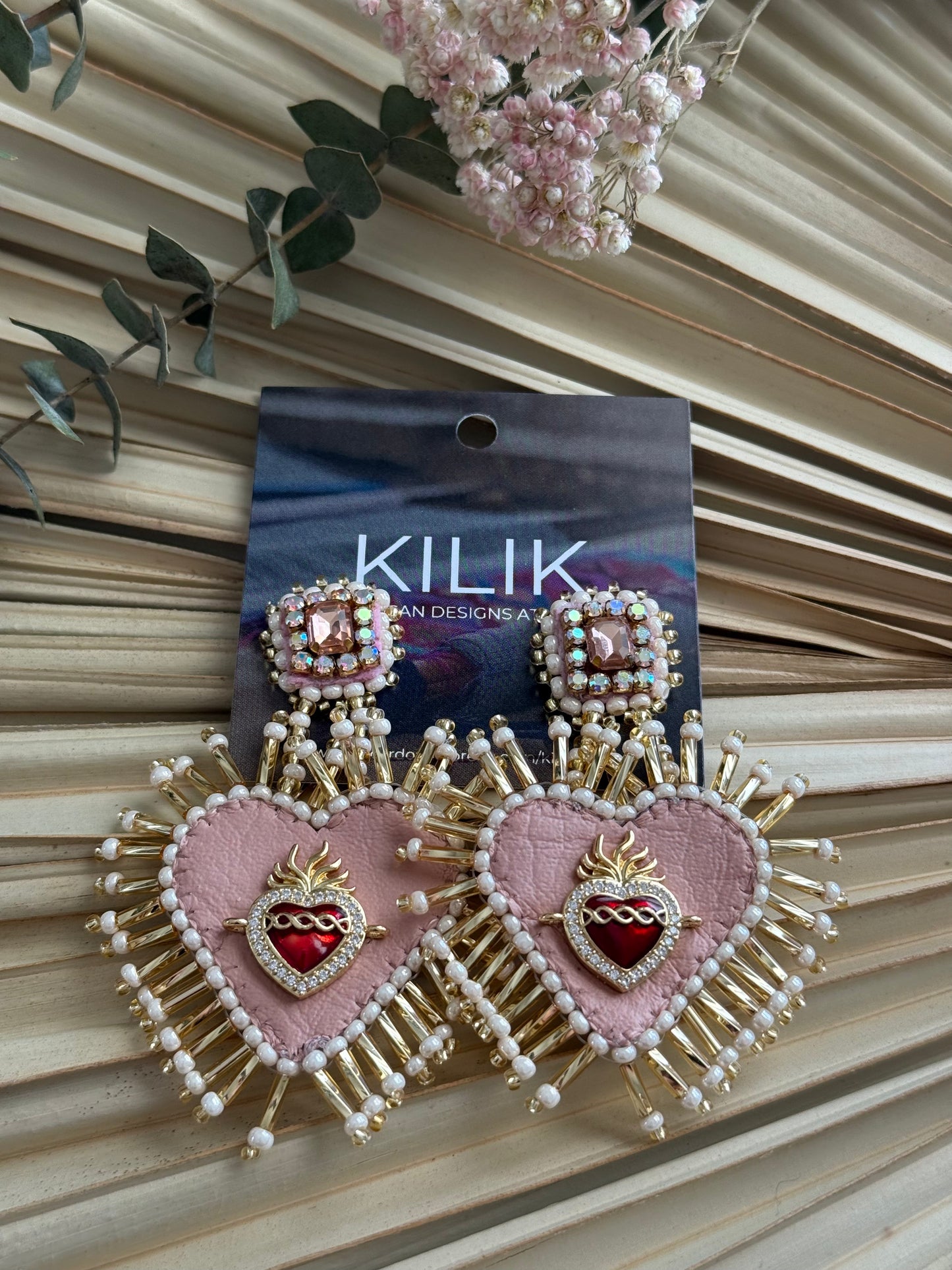 Beaded Sacred Heart Earrings - Dusty Pink